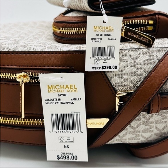 Michael Kors Medium Jaycee Zip Packet Backpack & Trifold Wallet Vanilla/Brown - Picture 16 of 16